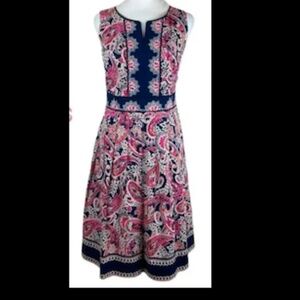 Talbots Pink  Blue White Paisley 100% Cotton Pleated Cottagecore Midi Dress New